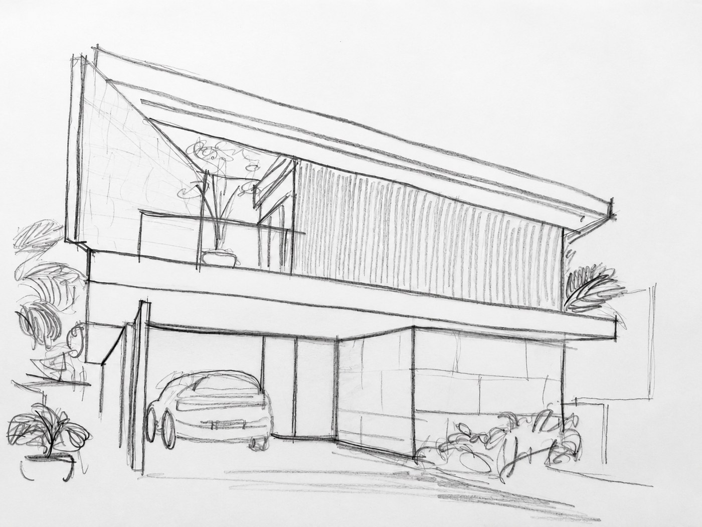 Boceto a mano de la Arq. Gloria Rodríguez: fachada de dos niveles con cochera y vegetación