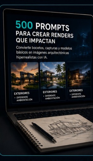 El pack de 500 prompts abierto en una laptop, junto a un cuaderno con un boceto a lápiz